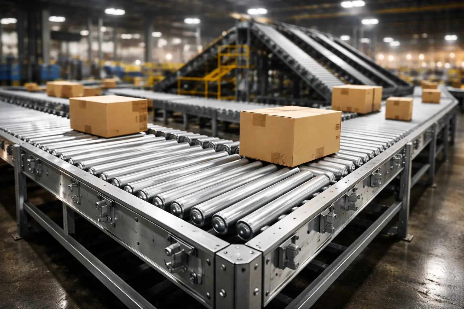 Esteiras de roletes acionados em linha de produção industrial